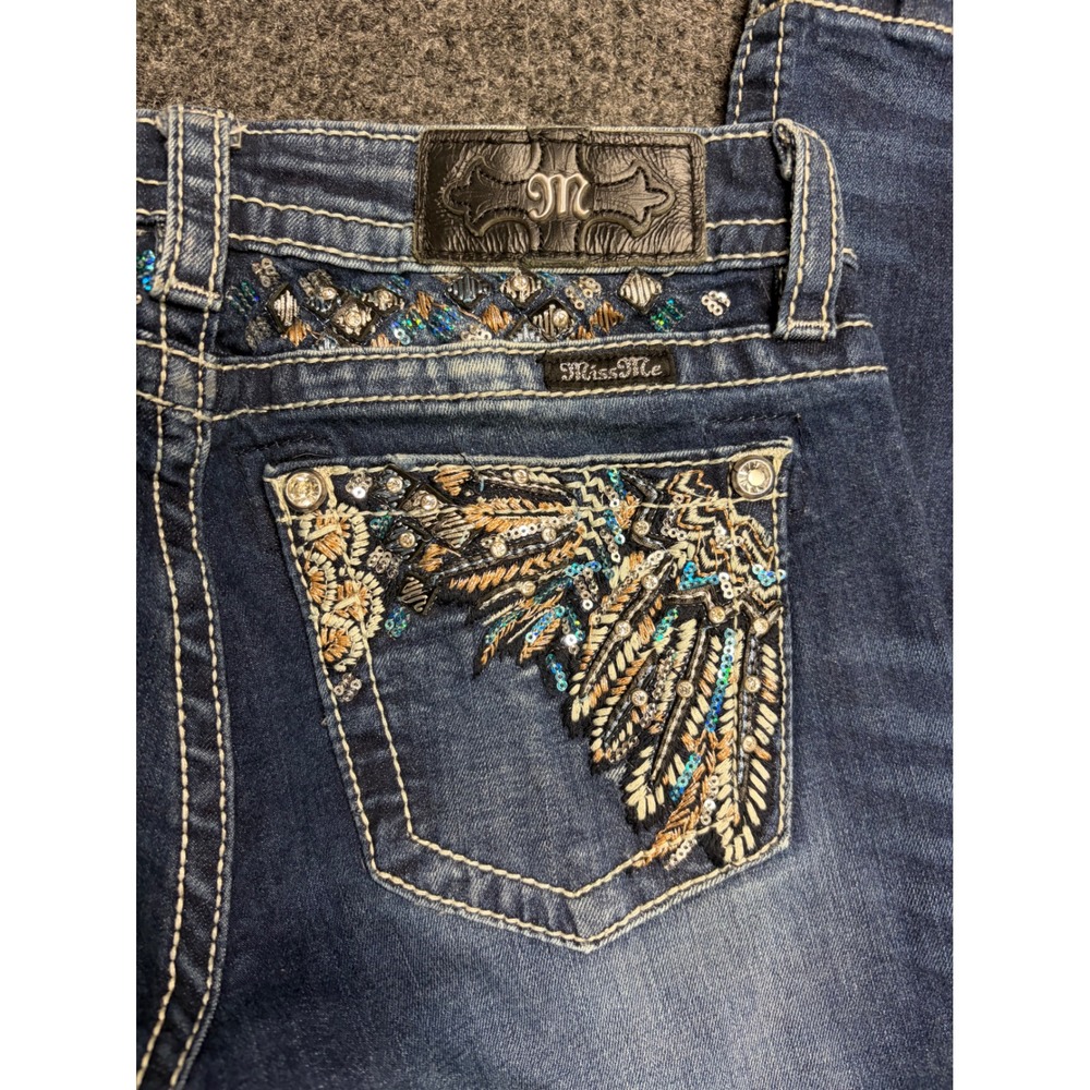 Miss Me Chloe Boot Cut Jeans Womens 27 Dark Wash Embroidered Wing Sequin Denim - Picture 2 of 8